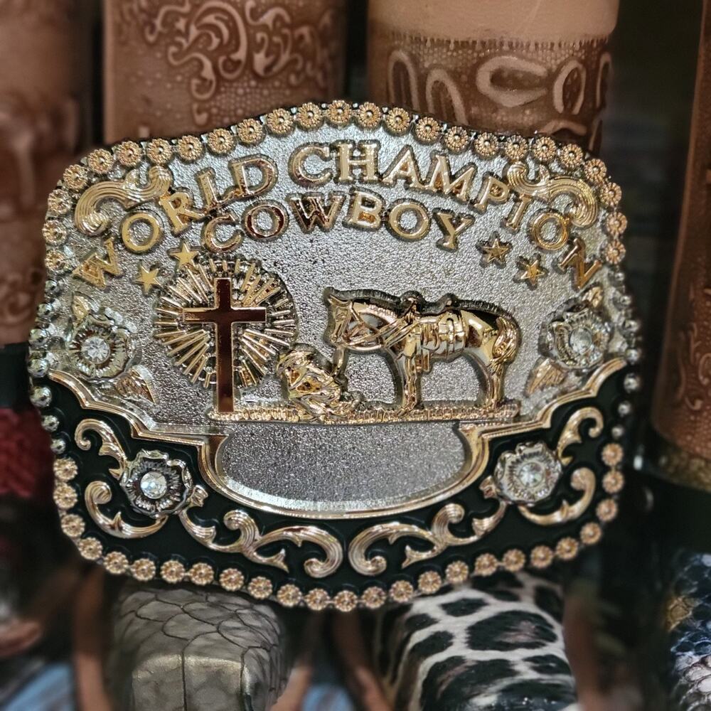 Praying Cowboy Champion Belt Buckle Western Hebilla Rodeo Silver & Rosetone